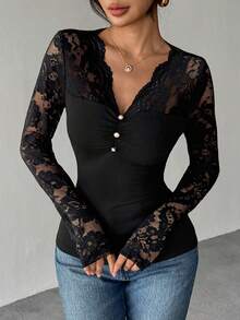 Islaluna Women's Fashionable Elegant V-Neck Lace Patchwork Long Sleeve T-Shirt - Black - View 3