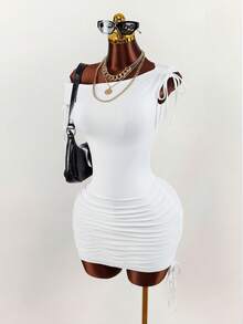Amplova 2026 New Solid White Comfortable Asymmetric Ruched Bodycon Mini Dress For Women - White - View 7