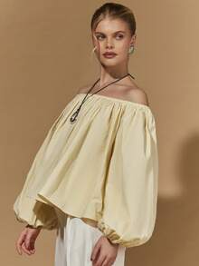 COSMINA 女士优雅露肩褶皱泡泡袖衬衫，通勤、办公、日常穿着、约会皆宜，适合早春穿着。 - 杏色 - 查看 7