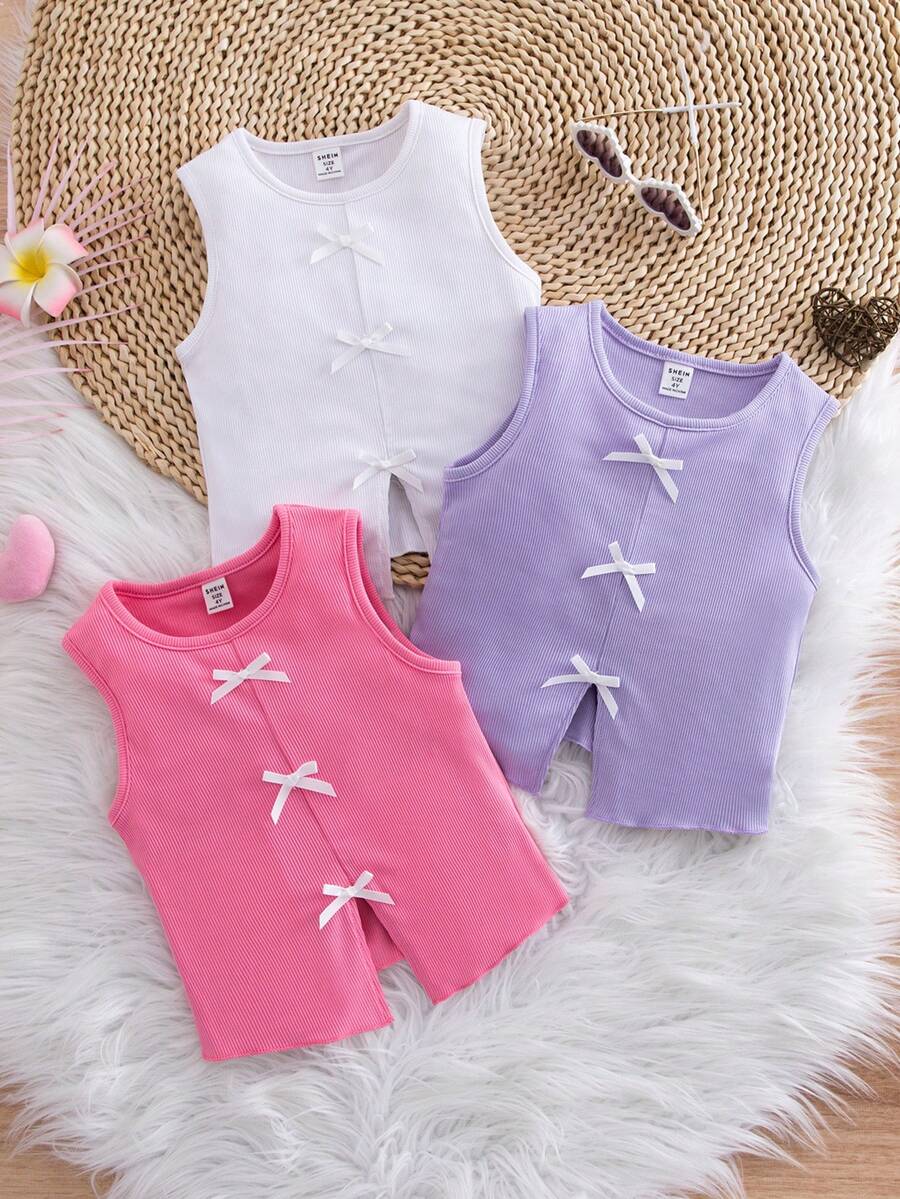 SHEIN Genkimix Kids 女童纯色蝴蝶结装饰简约吊带背心 - 彩色 - 查看 1