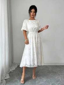 Modelyn 杏色镂空松紧腰泡泡袖系带露背优雅法式中长连衣裙，女士夏季款 - 杏色 - 查看 8