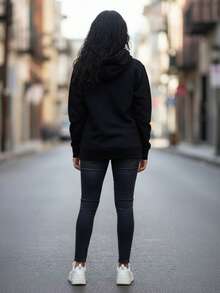 Mujer casual sudadera oversize mezcla urbano estampado gráfico color sólido bolsillo capucha manga larga otoño invierno uso diario sudadera - Negro - Ver 3