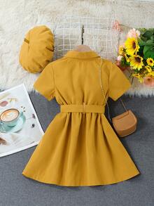 SHEIN 小女童翻蓋細節腰帶襯衫連衣裙和配件帽不附帶包 - 芥末黃 - 查看 2