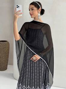 Yasmyna Women's Floral Print Mesh Shawl Design Fashion Party Arabic Spaghetti Strap Dress - Black - View 2