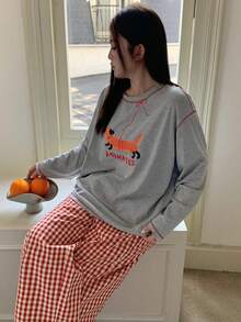 Dazy Plus Plus Size Women Cute Dog Print Loose Long Sleeve Top And Plaid Straight Leg Pants Pajama Set, Spring/Summer/Autumn - Grey - View 8