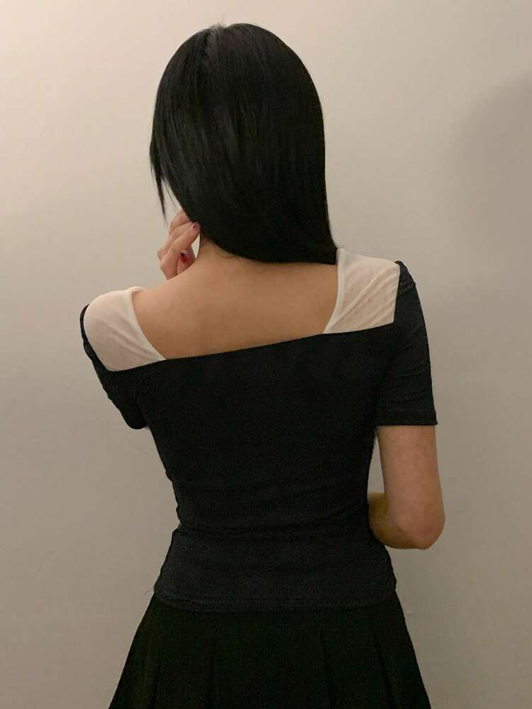 Women's Casual Colorblock Mesh Patchwork T-Shirt, Summer