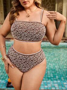 Swim Lushoire New Plus Size Women Crochet Lace Jacquard Special Fabric Printed Bikini Set With Adjustable Shoulder Straps, Bandeau Top And High Waist Bottoms, Swimsuit - Coffee Brown - View 5