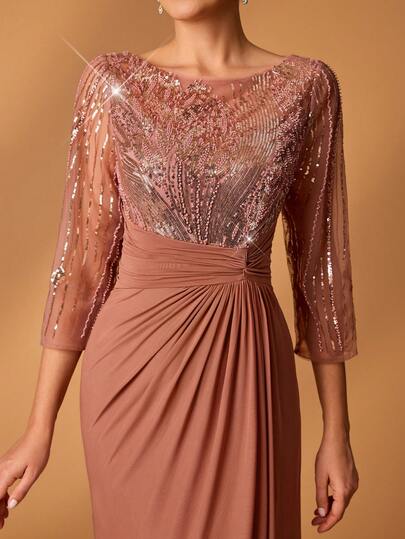 Serin Elegant Luxurious Beaded Sequin Embroidered Mesh Ruched Sheer Sleeve Mermaid Dress, Suitable For Weddings, Parties, Holidays, Formal Events