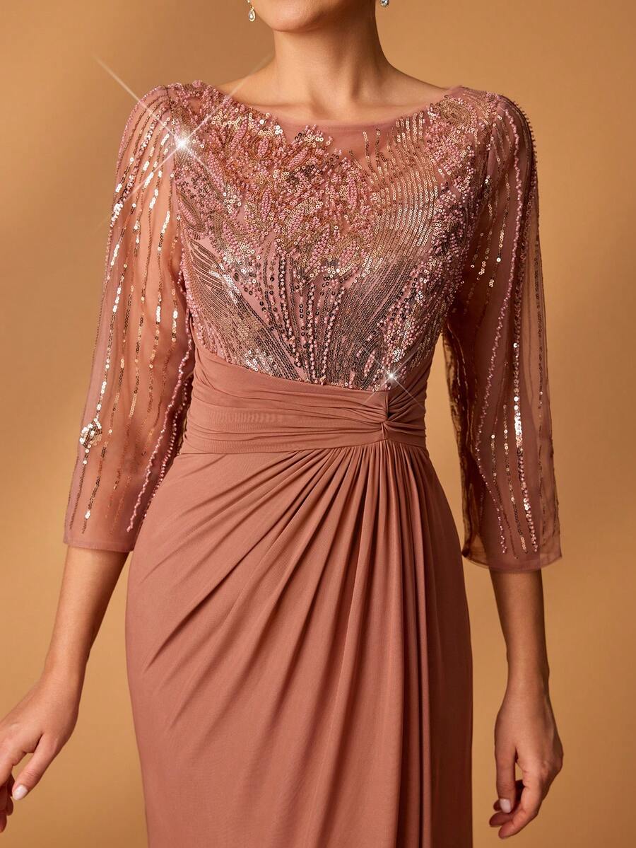 Serin Elegant Luxurious Beaded Sequin Embroidered Mesh Ruched Sheer Sleeve Mermaid Dress, Suitable For Weddings, Parties, Holidays, Formal Events - Coffee Brown - View 1