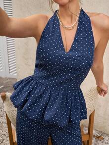 Cévolie Women's French V-Neck Spaghetti Strap Polka Dot Backless Camisole And Wide Leg Pants Two Pieces Set - Navy Blue - View 7