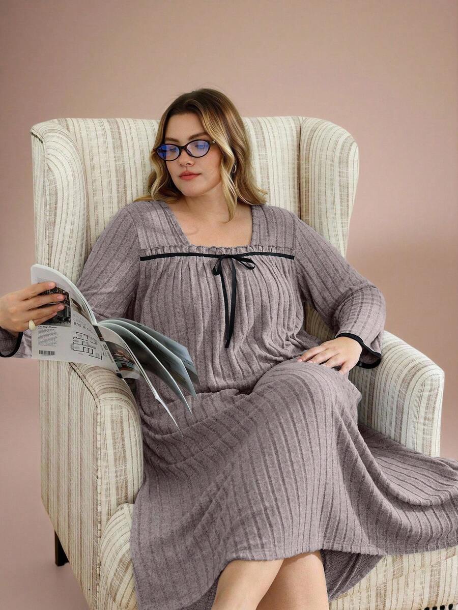 Lazeform 大码简约纯色方领休闲毛绒睡袍，适合秋冬季穿着