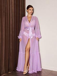 Slumberist 3D Floral Decor Jacquard Mesh Extra Long Women Robe Purple Night Gown Mesh Robe - Lilac Purple - View 3