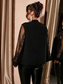 Cravure Áo kiểu dáng rộng rãi, màu đen, cổ chữ V, chất liệu chiffon, in họa tiết lấp lánh và đính nhũ, dành cho nữ. - màu đen - Xem 2