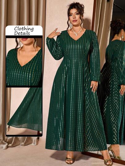 Cravure 大码女式圆领长袖花边高端派对礼服，奢华百搭修身连衣裙