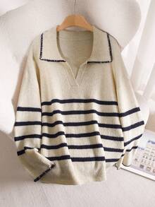 CosyJoli Plus Size Casual Color Block Trim V-Neck Pullover Sweater Fall/Winter - Beige - View 5