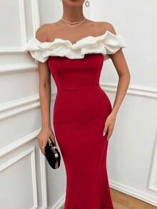 EURMUSE Two Tones Off Shoulder Ruffle Trim Bodycon Dress, Elegant Dress - Red - View 4