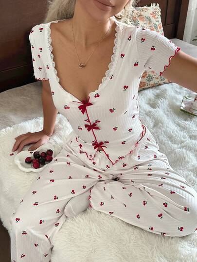 SHEIN 女士撞色蝴蝶结装饰水果樱桃印花针织短袖睡衣套装