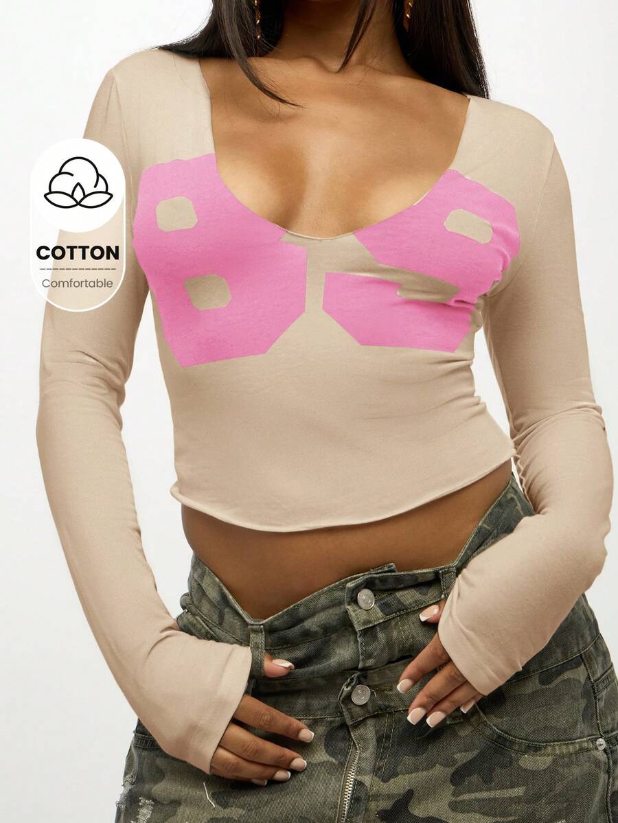 SUMWON WOMEN Long Sleeve V Neck Cotton Crop Top With Abstract Bra Print Design Fall Winter Layering Piece - Beige - View 1