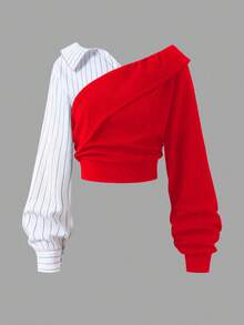 2件套 女士及少女时尚优雅通勤套装，纯色条纹衬衫+宽松阔腿裤 - 紅色 - 查看 3