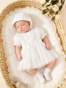 女婴白色公主裙，短袖蕾丝薄纱连衣裙，配蝴蝶结发带套装 - 白色 - 查看 3