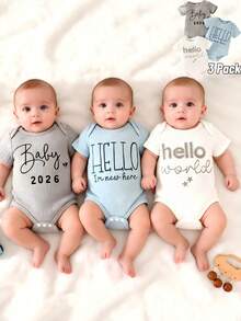 SHEIN Newborn Baby Girl Summer Cartoon Print Letter Pattern Short Sleeve Bodysuit White Apricot Brown Three-Piece Set Home Gifting Simple Neutral Baby Clothes Baby Boy Bodysuit Set Unisex Baby Clothes Newborn Baby Summer Clothes Baby Boy Letter Graphic Body Suit Baby Letter Graphic Bodysuit Baby Bodysuit Summer Newborn Unisex Clothes Neutral Baby Clothes Unisex - Baby Blue - View 3