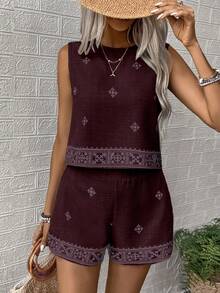 EMERY ROSE Women's Floral Print Sleeveless Shirt And Shorts Casual 2-Piece Set - Burgundy - View 3
