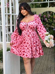 Lyrianda Plus Size Square Neck Bowknot Tie Cuff Long Sleeve Velvet Party Dress With Buttons For Women - Pink - View 5