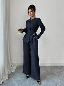 SHEIN Elenzya Women's Solid Color Long Sleeve Asymmetric Hem Shirt With Waist Buckle Design And Wide Leg Pants Elegant 2 Pieces Set - Navy Blue - View 3