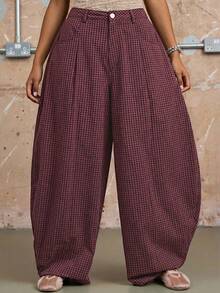 COUREZ Unisex Women Men Low Rise Baggy Barrell Fit Check Trousers Cotton - Red - View 6