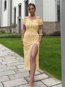 Jeta Ari 女士露肩开衩碎花连衣裙 - Butter Yellow - 查看 5