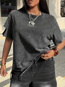 SHEIN EZwear 大码女式休闲黑色短袖酸洗夏季T恤