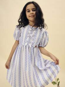 SUMWON 女童泡泡袖条纹彼得潘领A字迷你连衣裙，带蝴蝶结装饰，春夏休闲复古风短裙，适合节日、场合、假期穿着 - 藍色 - 查看 4