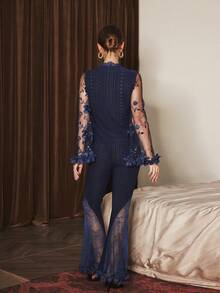 Slumberist 女士花卉蕾丝V领上衣和喇叭裤睡衣套装3件套 - 藏蓝色 - 查看 6