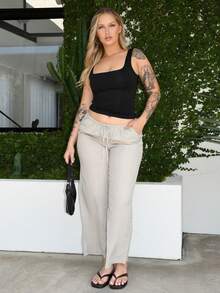 Arliah Pantalones anchos de pierna suelta con cordón y bolsillos de unicolor para mujer, tela de otoño para mujer, mujer pequeña - Caqui - Ver 1
