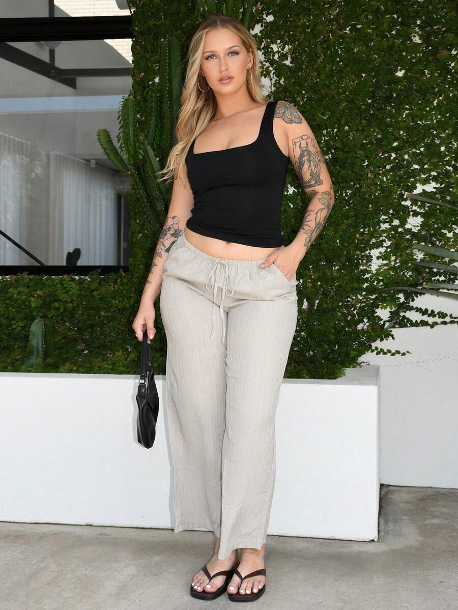 Arliah Pantalones anchos de pierna suelta con cordón y bolsillos de unicolor para mujer, tela de otoño para mujer, mujer pequeña - Caqui - Ver 1