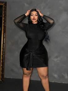 SHEIN CURVE+ Vestido mini ajustado de malla negra con parches para mujer de talla grande, moda de otoño - Negro - Ver 5