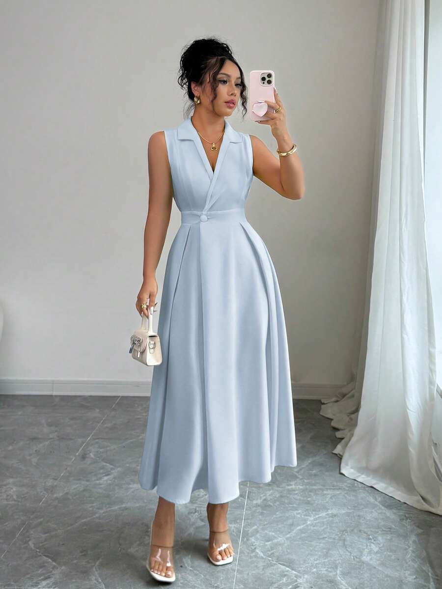 Elenzga Gaun Panjang Tanpa Lengan dengan Kerah dan Kancing Depan yang Elegan dan Kasual untuk Wanita - Baby Blue - View 1