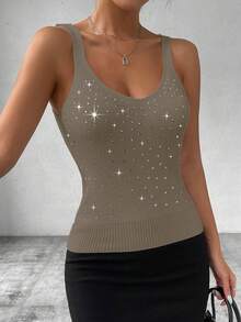 EMERY ROSE Women's Elegant Rhinestone Embellished White Camisole Knit Top Sparkle Top Rhinestone Top Bling Top - Camel - View 4