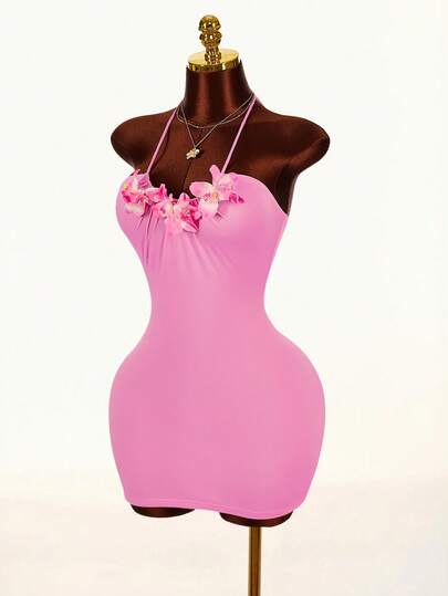 Amplova 2026 Ny ankomst Rosa 3D Blommig A-linjeformad Miniklänning För Damer