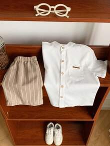 2件套男童休闲舒适百搭立领短袖衬衫+条纹短裤套装，适合上学、郊游、度假、聚会、春夏穿着。 - 杏色 - 查看 7