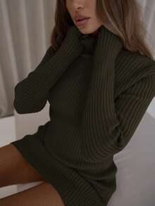 MUSERA High Neck Long Sleeve Fitted Rib Knit Mini Dress Classy Sexy Streetwear Night Out Spring - Mocha Brown - View 6