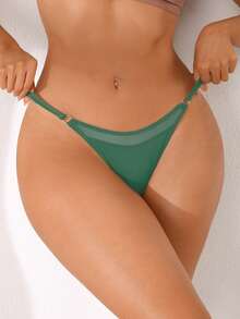 NudeFit 1pc Solid Color Sexy Waist Strap Mesh Splice Women's G-String Panty - Dark Green - View 4