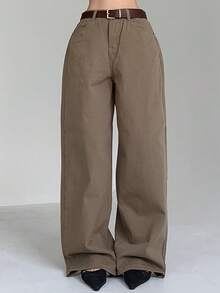 DAZY 复古休闲美拉德棕色直筒女裤 - 棕色 - 查看 5