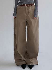 DAZY 复古休闲美拉德棕色直筒女裤 - 棕色 - 查看 8