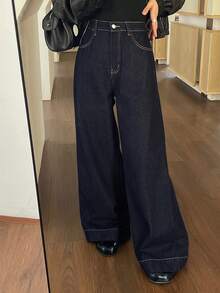 DAZY 女士复古宽松喇叭牛仔裤，春季款 - 藍色 - 查看 7