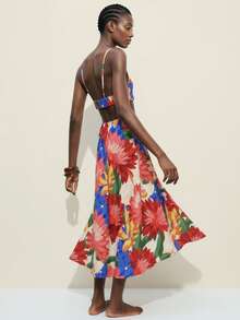 CAJUNI Vestido maxi de mujer casual de vacaciones con estampado floral tropical rojo y beige, sin mangas, con escote halter y hombros descubiertos, vestido de cita, vestido maxi elegante - Multicolor - Ver 2