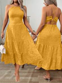 SHEIN Clasi Damen Große Größen einfarbiges rückenfreies Rüschen-Saum Urlaubs-Neckholder-Kleid - Gelb - Übersicht 1