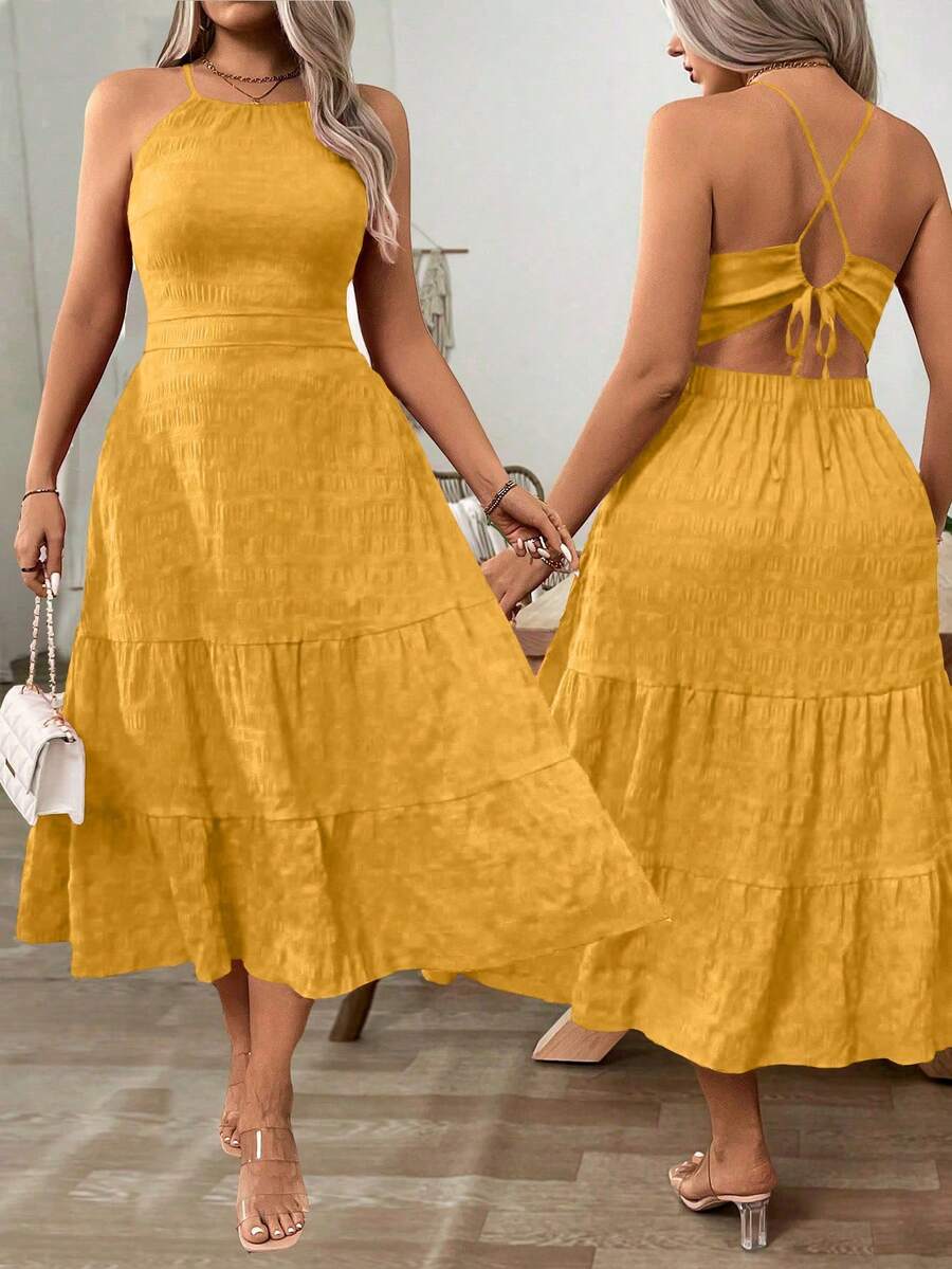 SHEIN Clasi Damen Große Größen einfarbiges rückenfreies Rüschen-Saum Urlaubs-Neckholder-Kleid - Gelb - Übersicht 1