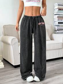 SHEIN Attitoon 女士休闲低腰直筒运动裤，适合夏季穿着，纽约英伦印花图案 - 彩色 - 查看 13