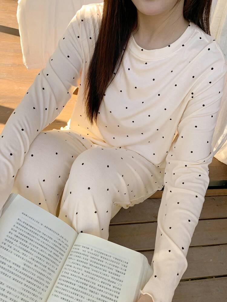 Dazy Plus Plus Size Women Polka Dot Print Loose Long Sleeve Top And Straight Leg Pants Pajama Set, Fashionable Sleepwear For Spring, Summer, Autumn